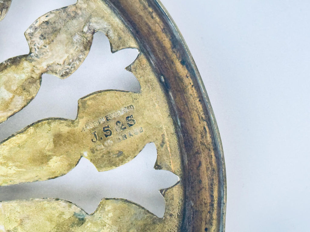 Product image for 'antique js s solid brass footed kettle trivet table saver attractive aged metal patina joseph sankey and sons made in england' (view c44ec9)