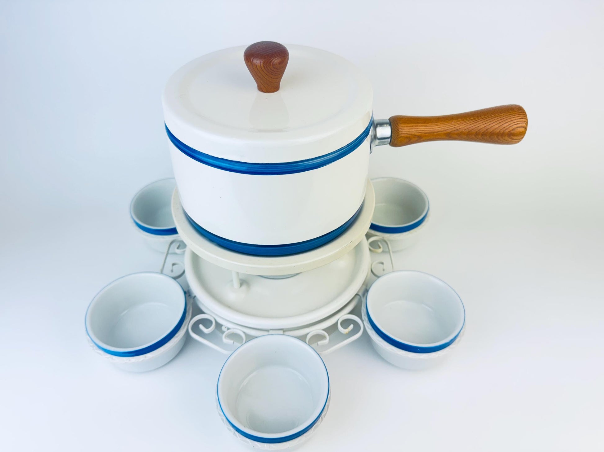 Product image for 'vintage white blue striped lazy susan fondue set' (view f86e9c)