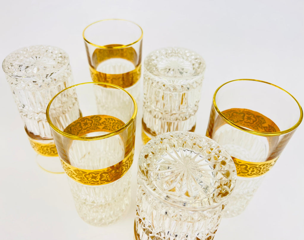 Product image for 'vintage heavy crystal gold highball water tumblers flower gold band with gold rimmed top set of six 6' (view bd2bac)