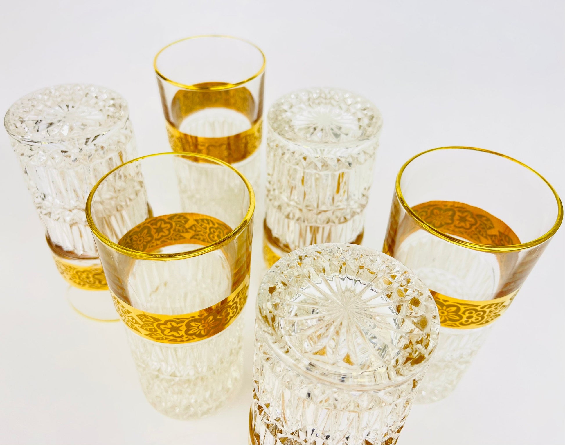 Product image for 'vintage heavy crystal gold highball water tumblers flower gold band with gold rimmed top set of six 6' (view bd2bac)