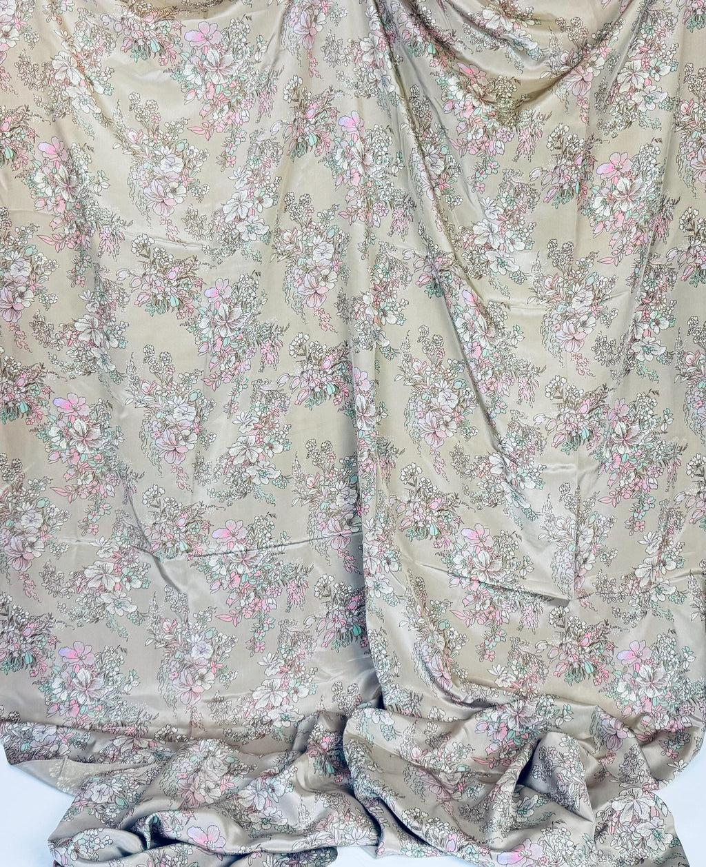 Product image for 'vintage floral fabric material soft pastel blooms on taupe 46 x 64' (view e2526f)
