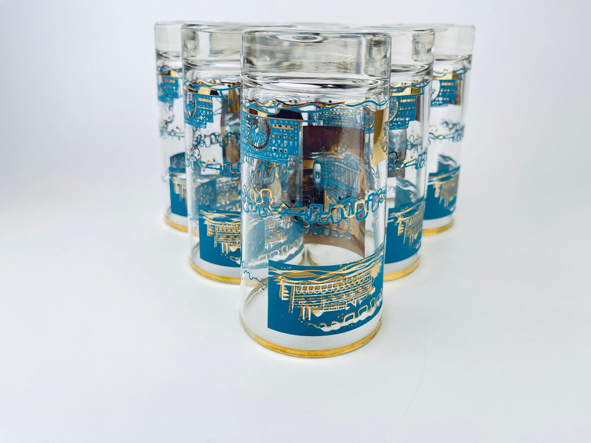Product image for 'vintage mcm riverboat highball glass barware set set of six 6 22 kt gold aqua teal southern comfort libbey glassware' (view 80239a)