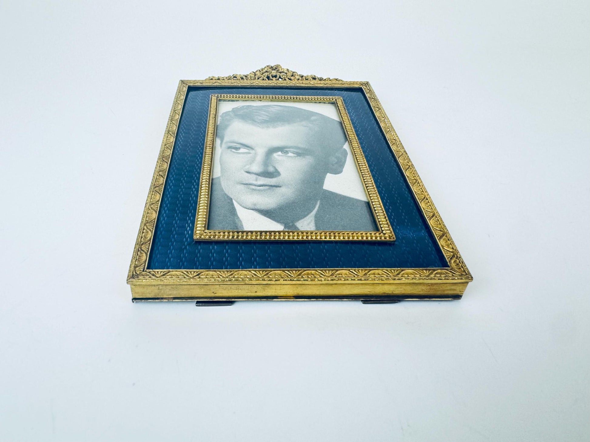 Product image for 'vintage antique french art deco blue guilloche style enamel brass tabletop picture frame 3 x 4' (view 1dffca)