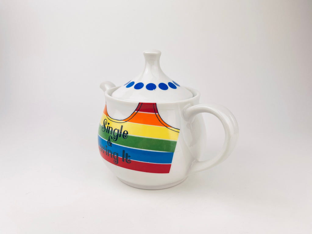 Product image for 'vintage single loving it rainbow stripe teapot with polka dot lid made in japan' (view a62c90)