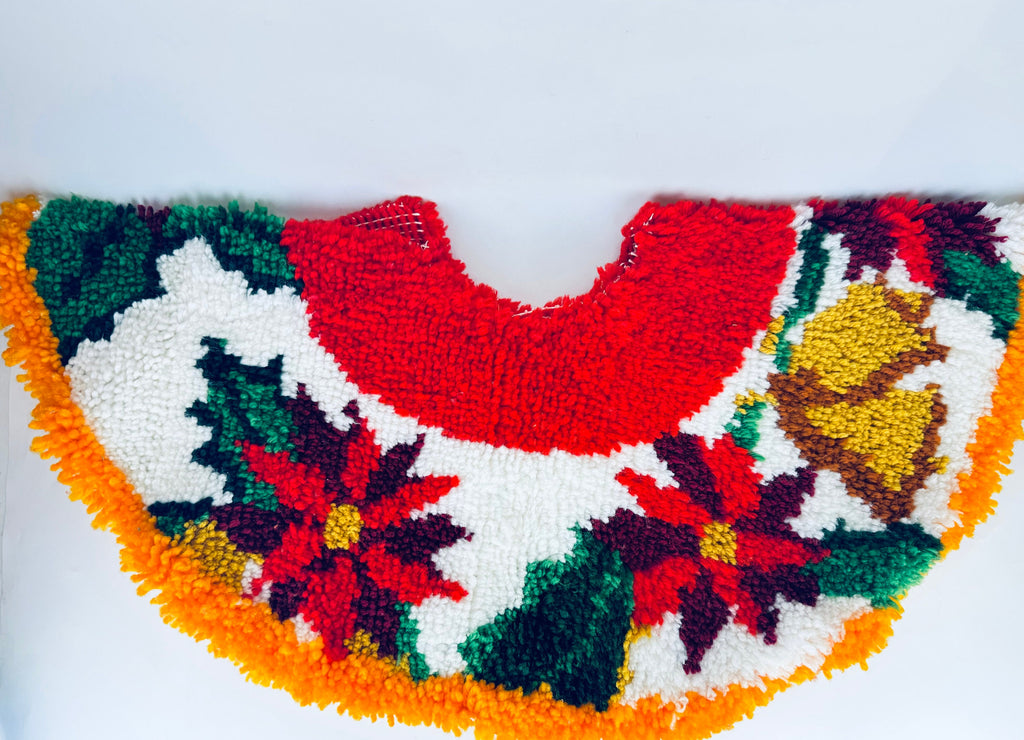 Product image for 'vintage handmade latch hook crocheted christmas tree skirt red poinsettia golden bell pattern' (view 279c9f)