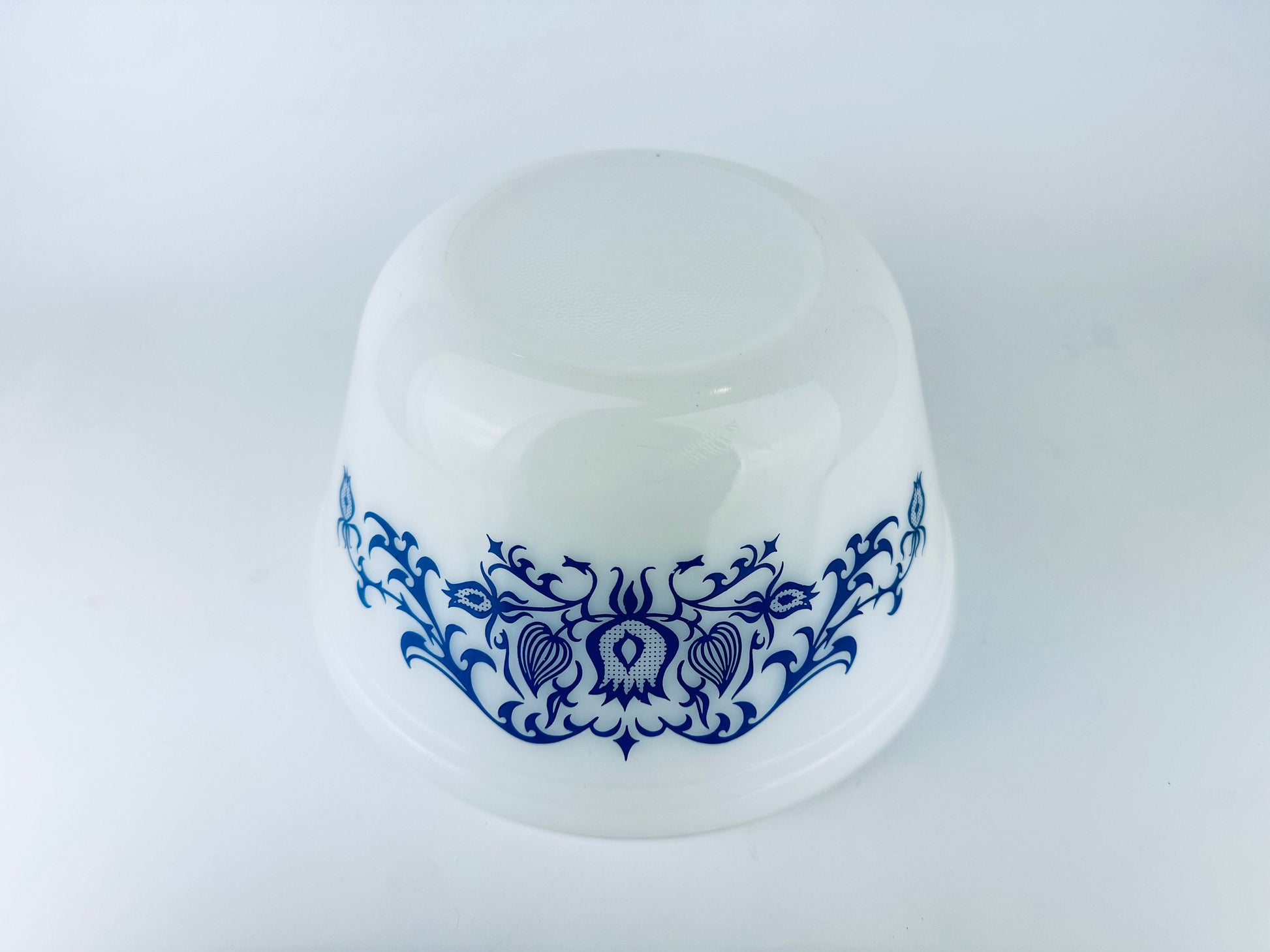 Product image for 'vintage federal glass mixing bowl bucks country blue floral scroll pattern made in usa' (view 3ac7fc)