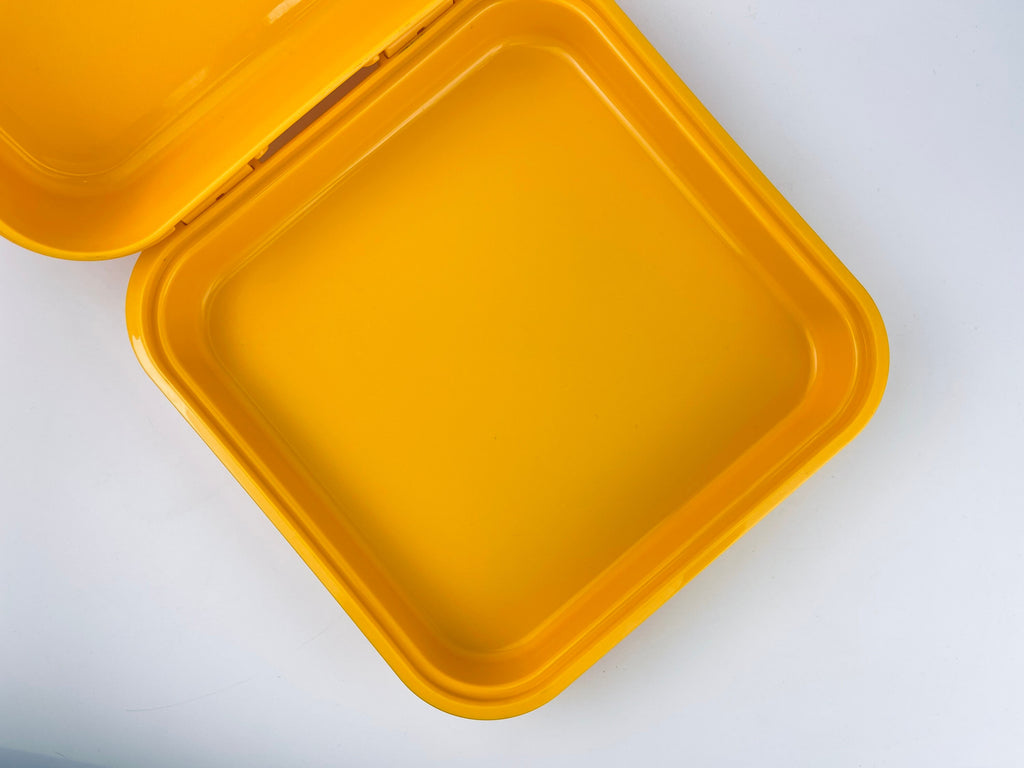 Product image for 'vintage yellow tupperware plastic lunch box made in canada raised alphabet number back kid craft storage box' (view f0bd94)