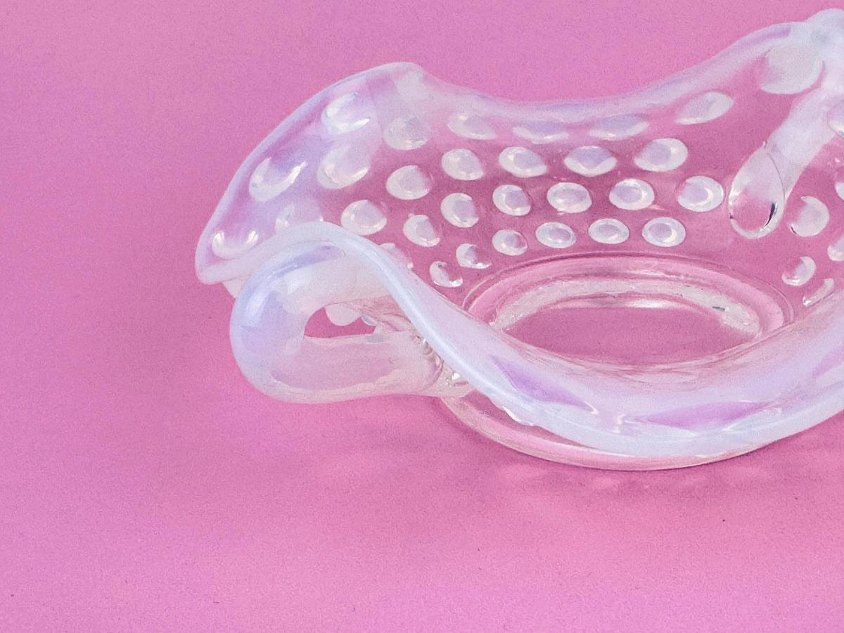 Product image for 'vintage fenton moonstone hobnail glass dish 1940s opalescent ruffled trinket bowl with handles' (view 949337)