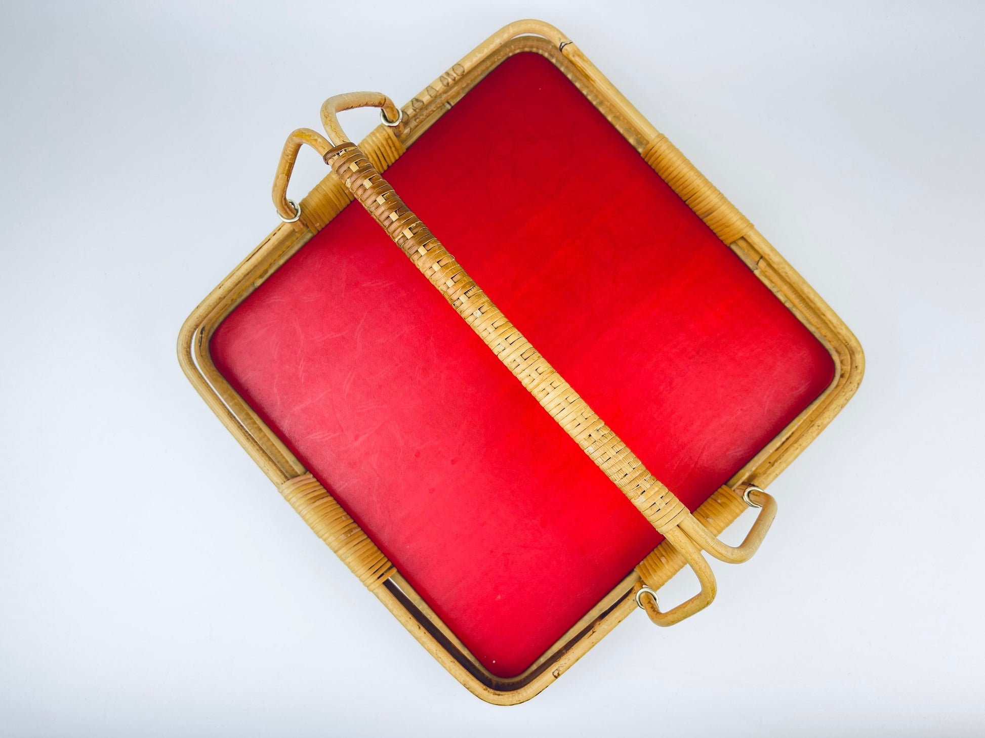 Product image for 'vintage bamboo wicker serving tray with bold red base' (view ca0d45)