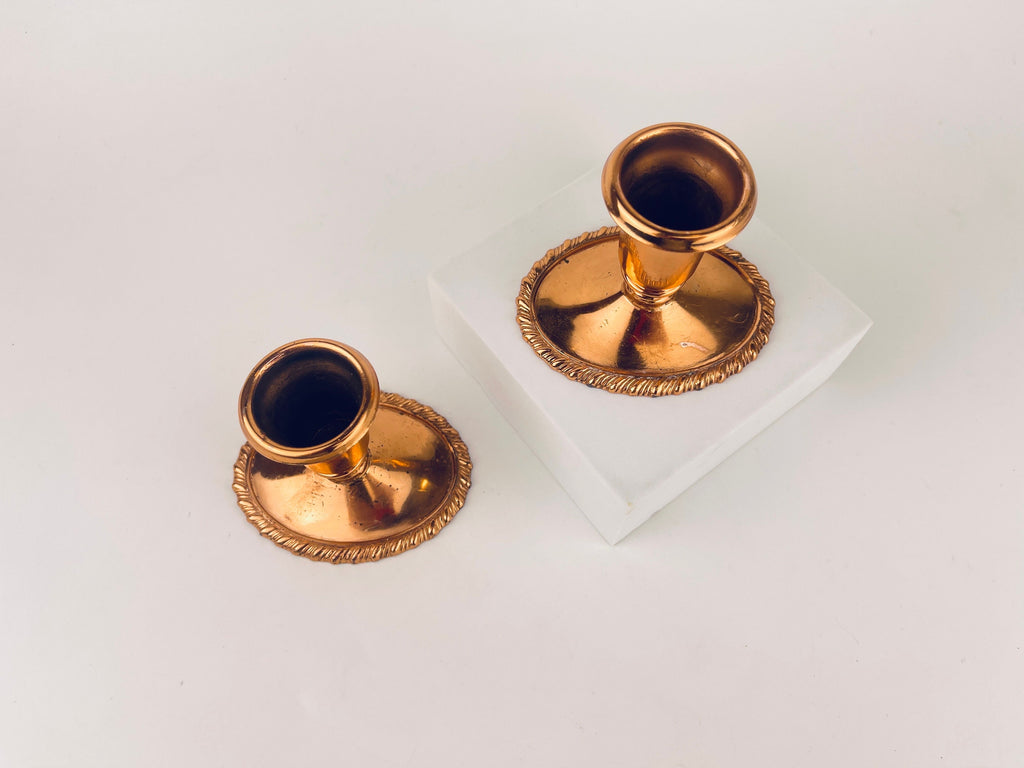 Product image for 'vintage copper plated candlestick holders set of two 2 coronet plate e p lead attractive aged metal patina' (view 92276b)