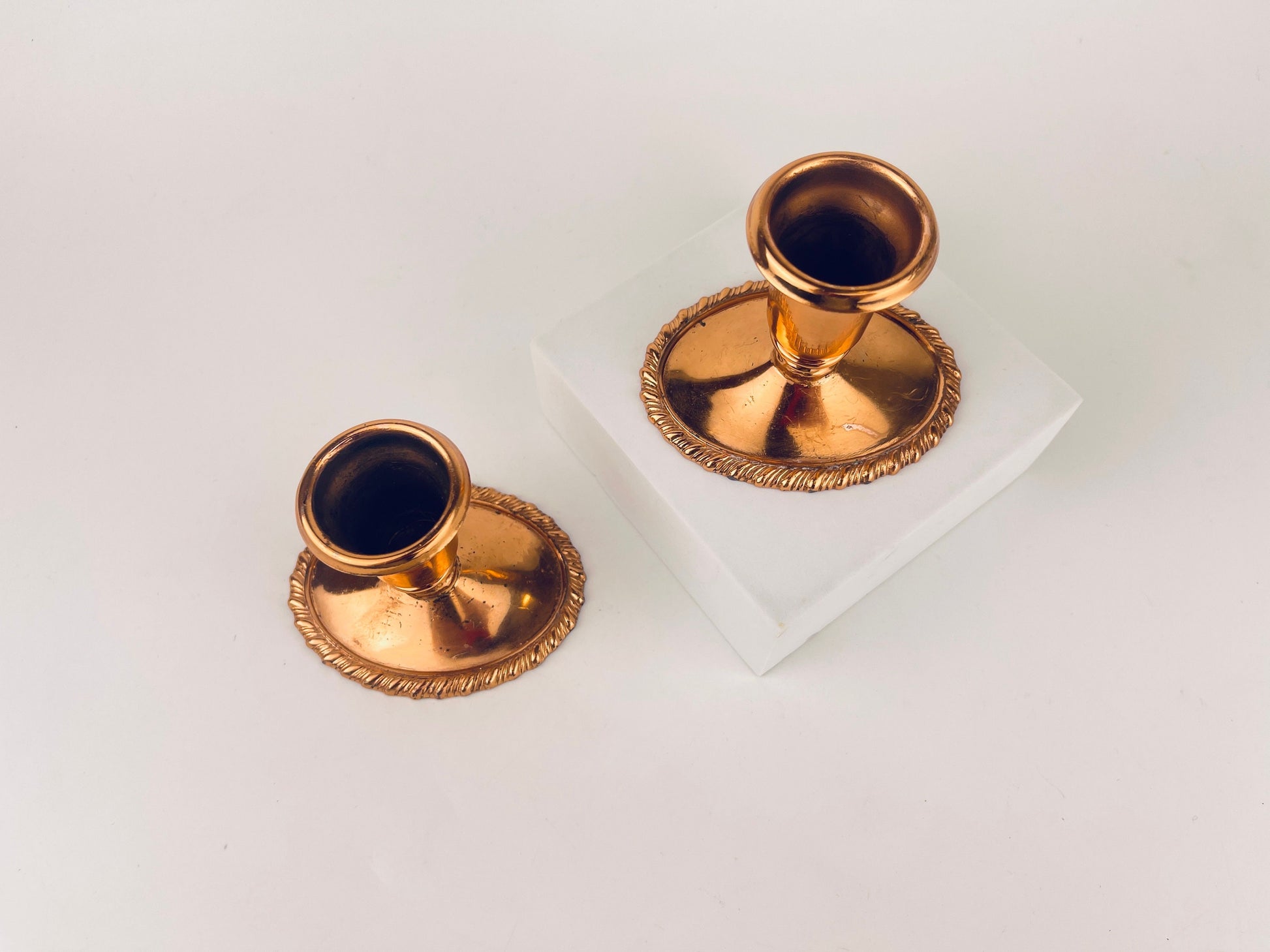 Product image for 'vintage copper plated candlestick holders set of two 2 coronet plate e p lead attractive aged metal patina' (view 92276b)