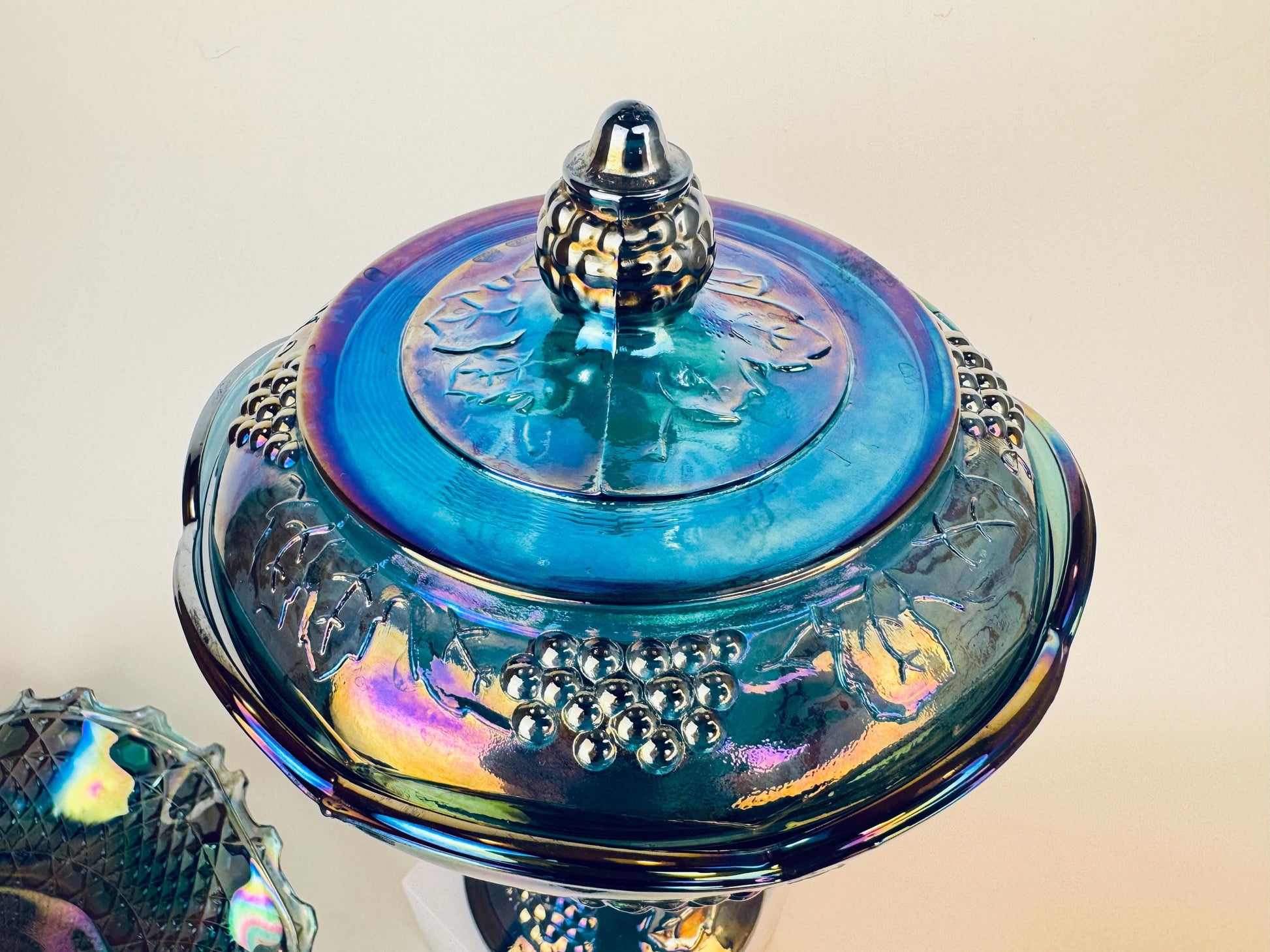 Product image for 'vintage collectible carnival glass peacock blue marigold smoke grey colour sold separately' (view da3c96)