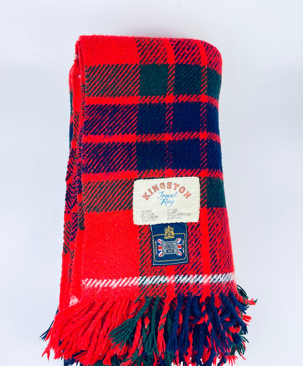 Product image for 'vintage kingston travel fringe rug blanket red blue plaid pattern wool acrylic blend made in the british isles' (view 2b0958)