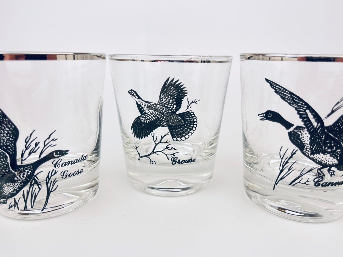 Product image for 'vintage silver rimmed bird drinking glasses set of five 5 perfect hunter gift' (view 8bed92)