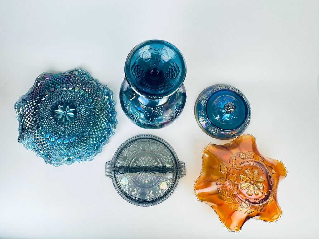 Product image for 'vintage collectible carnival glass peacock blue marigold smoke grey colour sold separately' (view a56143)