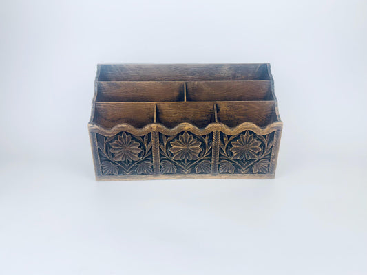 Product image for 'vintage faux carved wood desk organiser by learner 1980s brown plastic floral letter holder office decor' (view 61bdd3)
