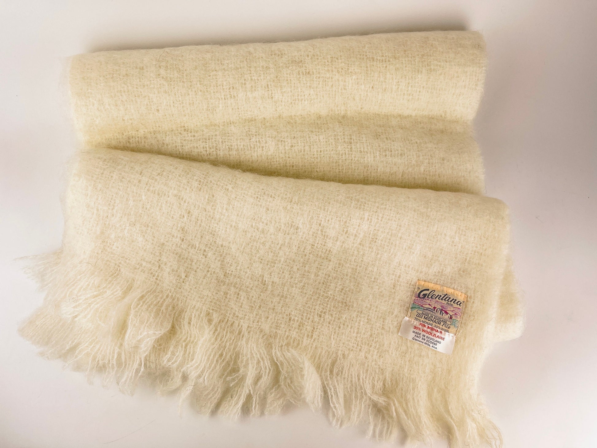 Product image for 'vintage glentana beige mohair wool plaid fringe scarf table runner made in scotland new old stock nos' (view 3e275a)