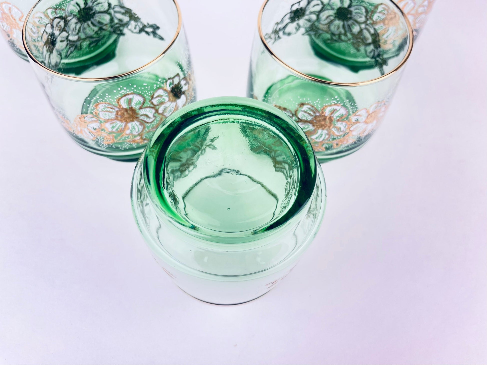 Product image for 'vintage green pedestal lowball glasses set of five 5 gold rimmed top white floral pattern dominion glass company' (view 35b69a)