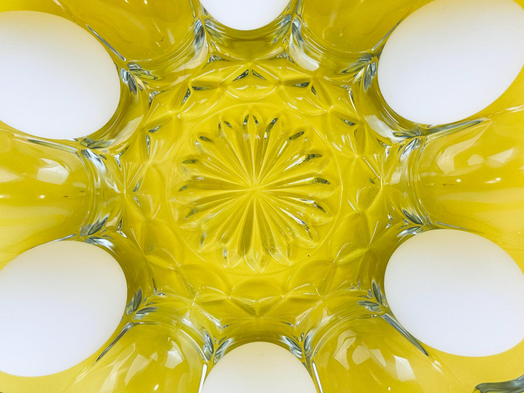 Product image for 'vintage anchor hocking clear glass devilled egg plate holds dozen 12 eggs' (view a8b0cc)