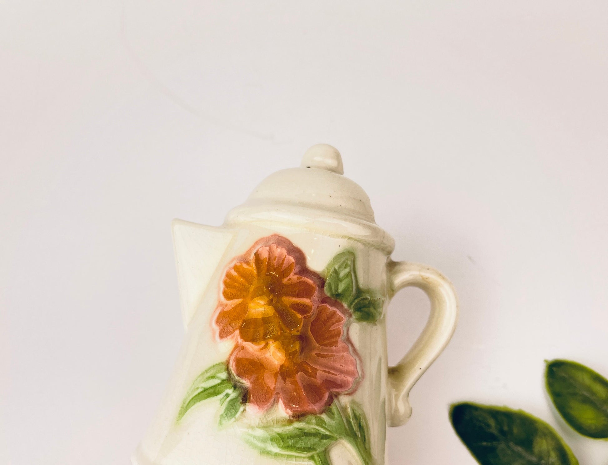 Product image for 'vintage pink floral ceramic watering jug with elegant crazing shabby chic garden accent' (view d26108)