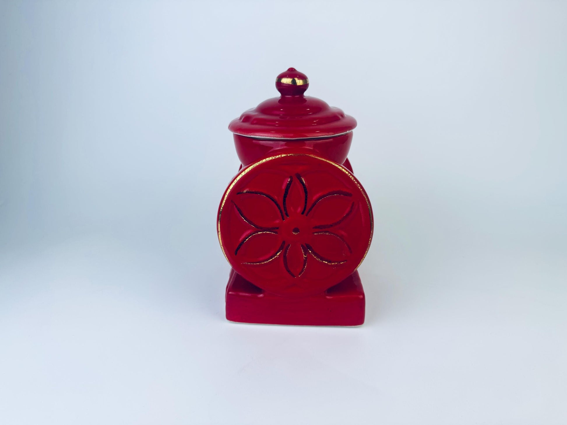 Product image for 'vintage house of webster cookie biscuit jar red gold ceramic coffee grinder canister made in eastland texas usa' (view 7798c2)