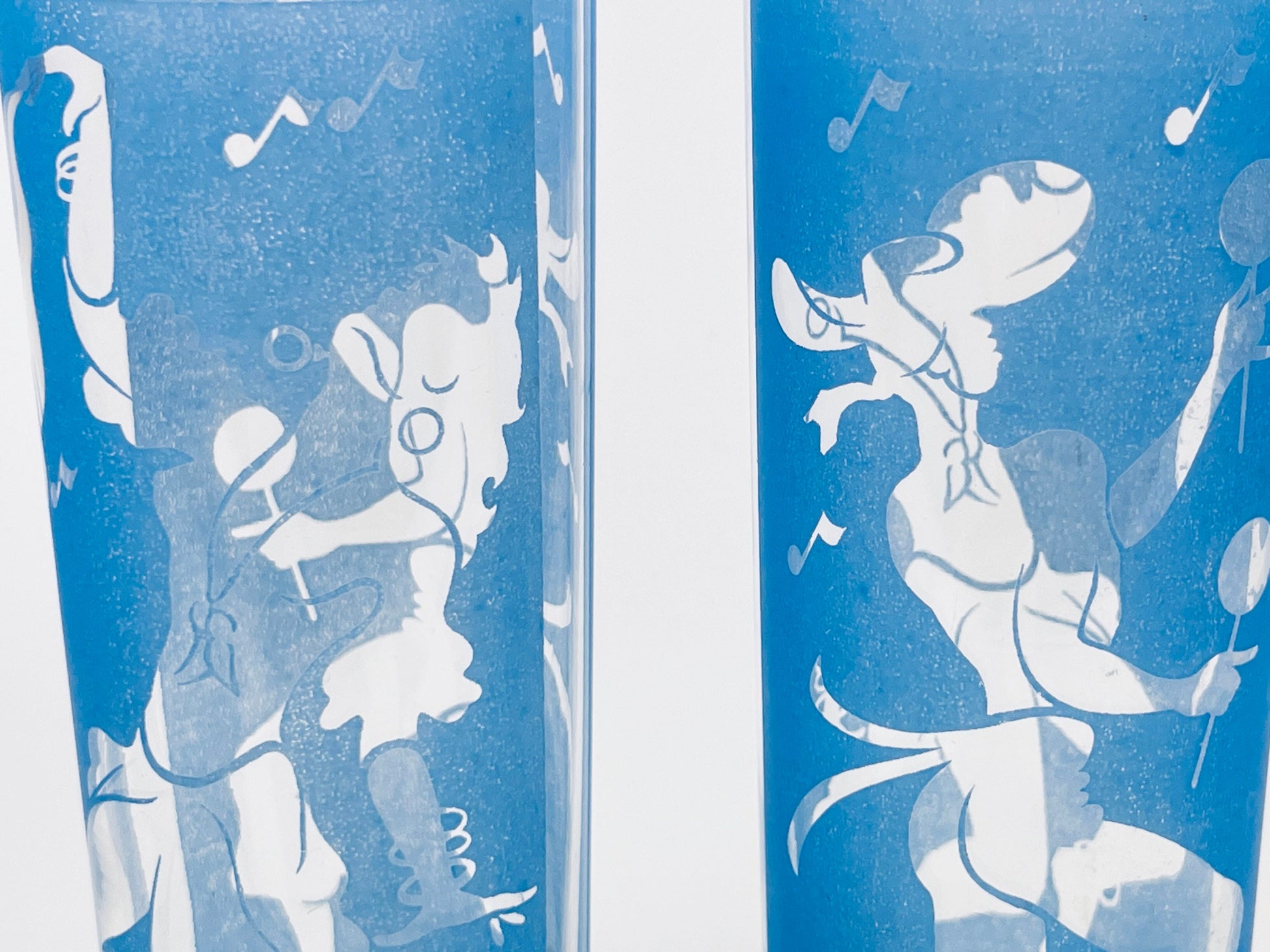 Product image for 'vintage blue frosted dancing silhouette highball zombie glasses set of two 2 juice barware glasses' (view 907dcf)