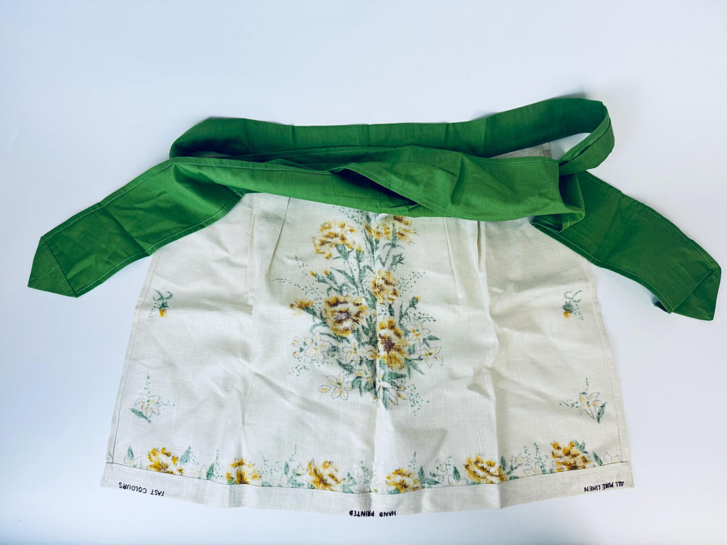 Product image for 'vintage hand printed yellow floral bouquet linen waist apron green strings all pure linen fast colours new old stock nos' (view d78fcb)
