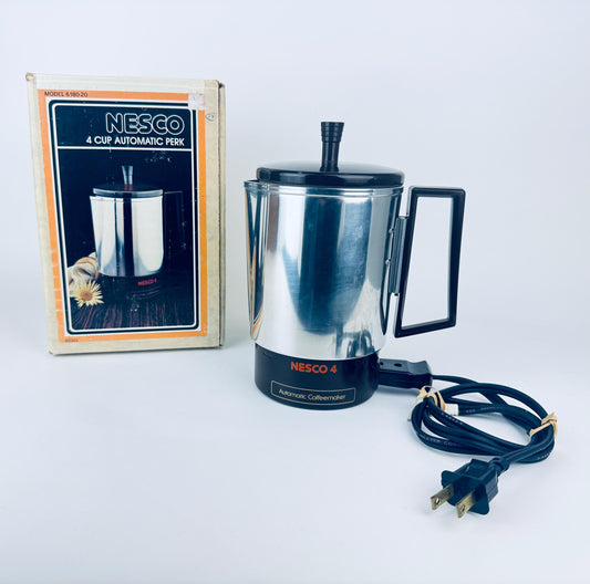 Product image for 'vintage chrome nesco 4 cup electric coffee percolator 1980s mid century modern style made in usa automatic compact brewer' (view 41703e)