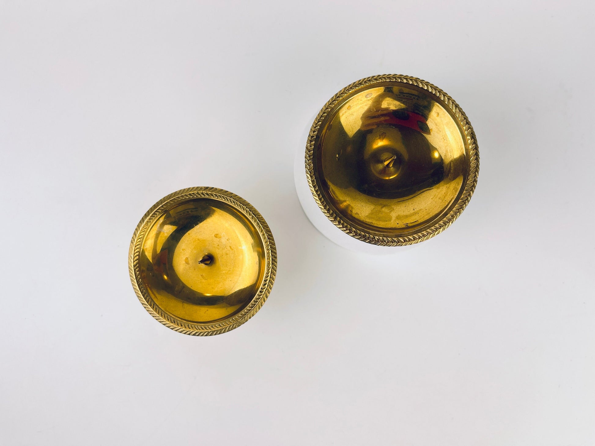 Product image for 'vintage brass pedestal spike candleholders set of 2 with etched rim' (view 8ad149)