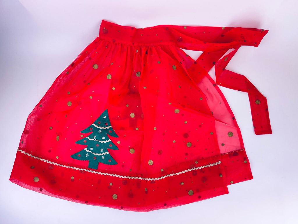 Product image for 'vintage decorative red gold polka dot christmas organza waist apron mcm christmas tree design' (view d116a3)