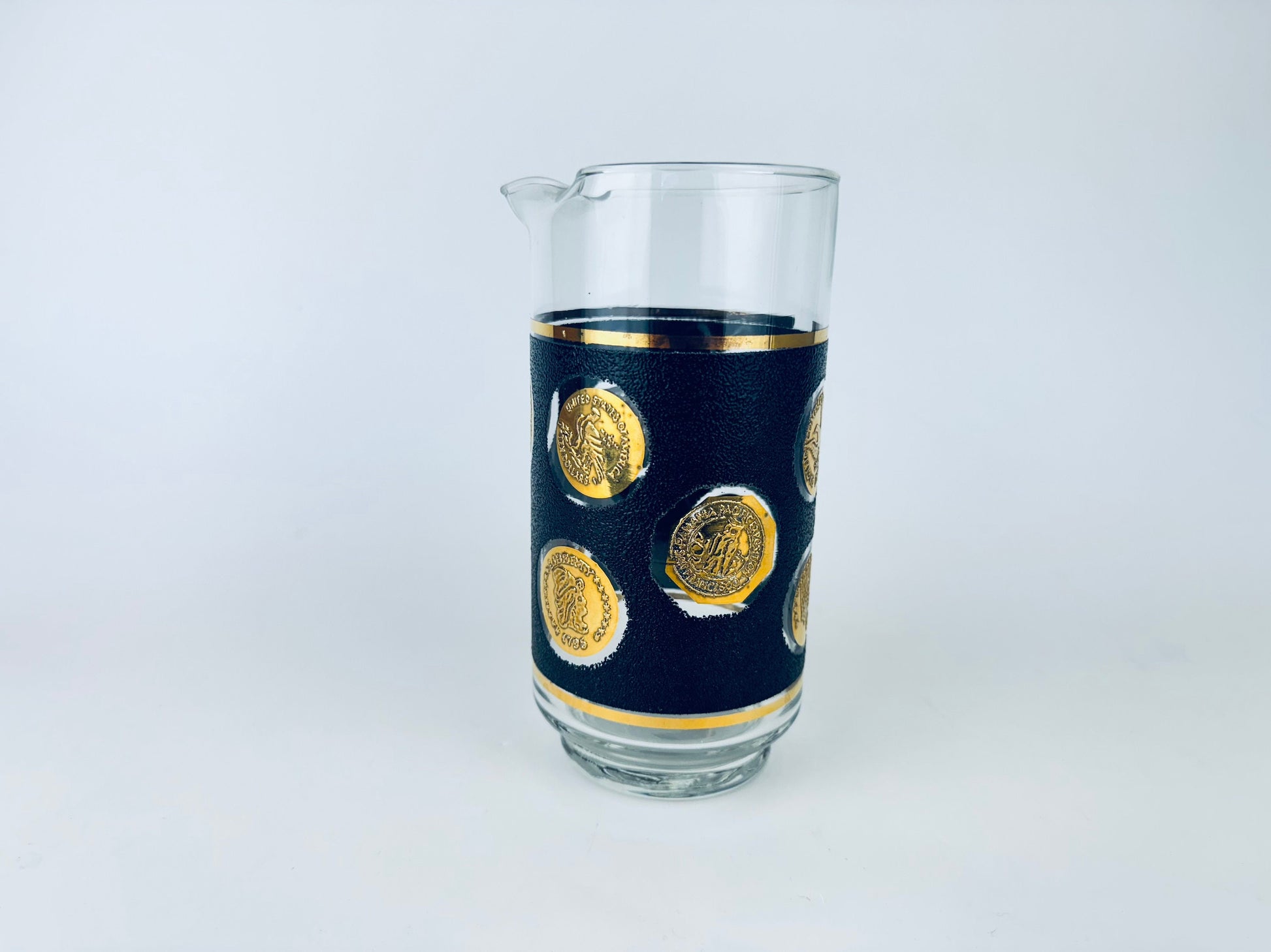 Product image for 'vintage cera black 22 kt gold american coin design glass barware cocktail decanter designed by bob wallack' (view ab5413)