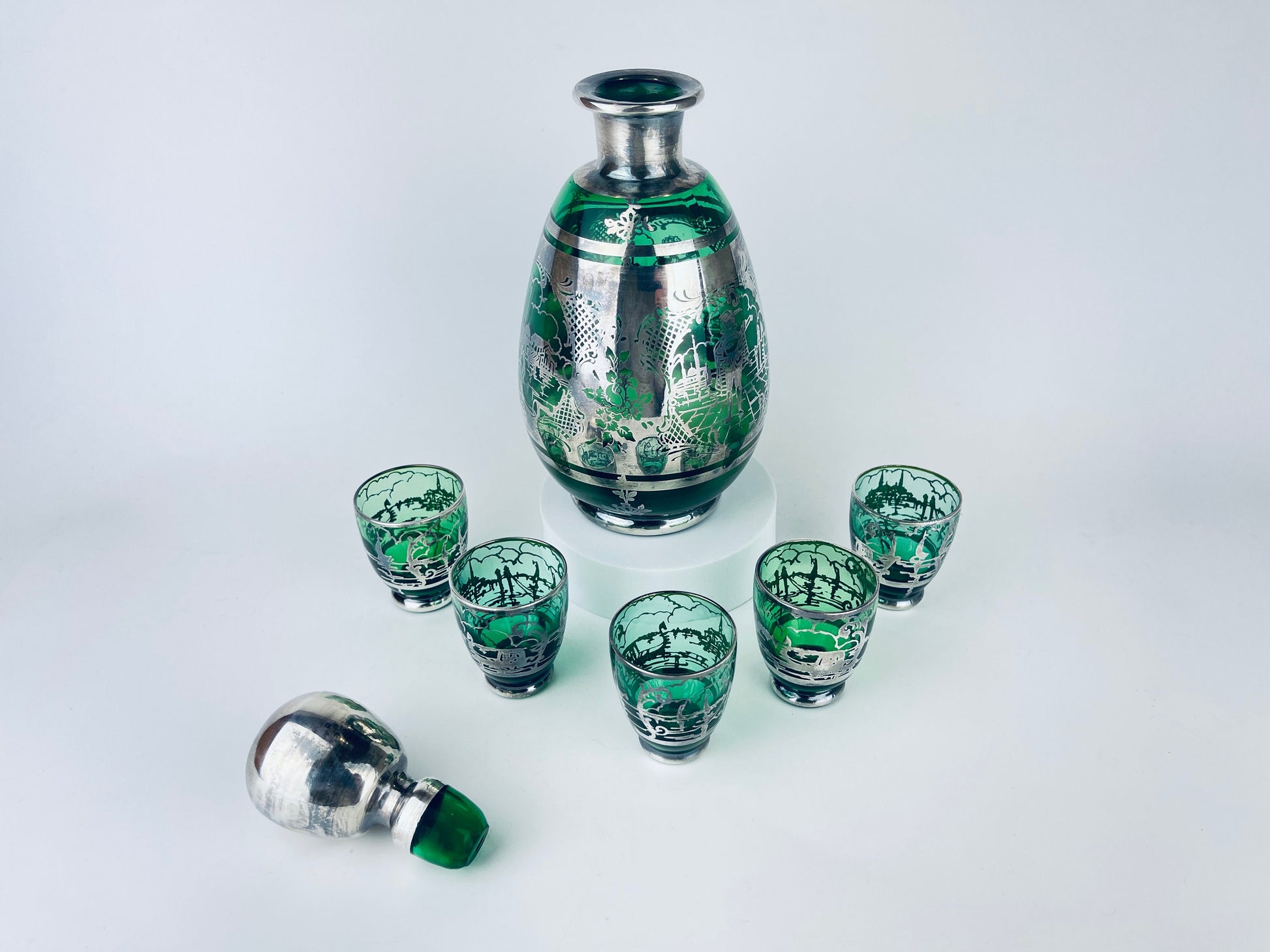 Product image for 'vintage emerald green silver overlay scene barware set glass decanter five 5 small shot glasses' (view c5368a)