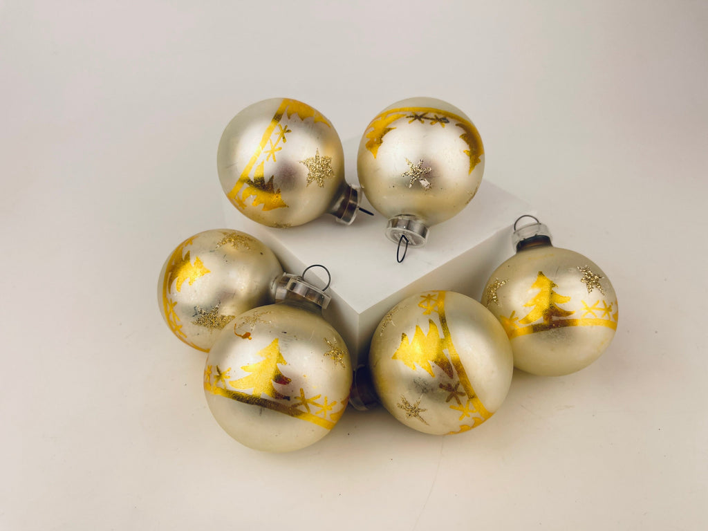 Product image for 'vintage hand painted tree star silver gold glass christmas tree ornaments set of six 6 made in west germany' (view 6b3092)
