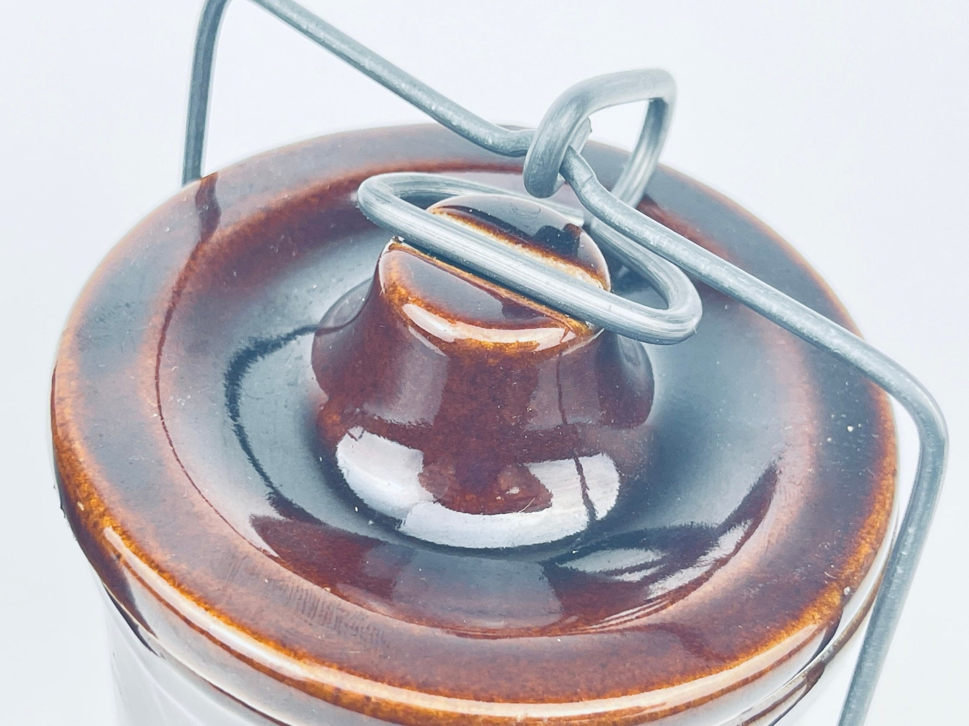 Product image for 'vintage brown drip glazed ceramic jar canister metal clasp top' (view 0115c2)