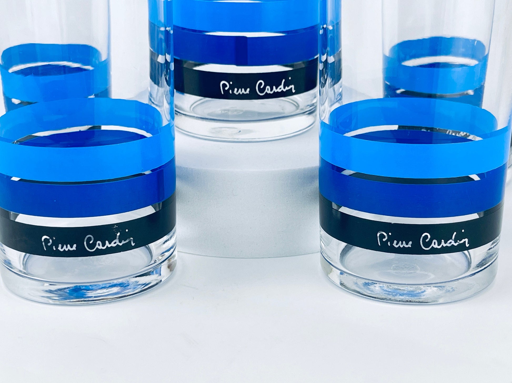 Product image for 'vintage pierre cardin blue ombre striped zombie glasses set of five 5 sasaki glass company made' (view 05323b)
