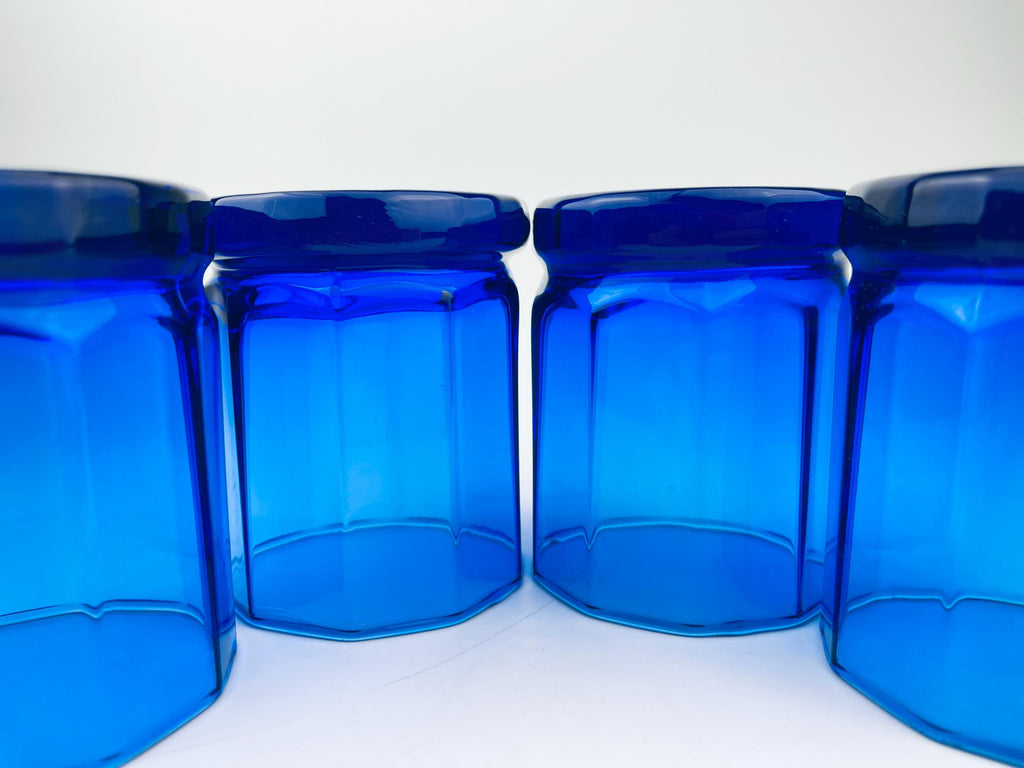 Product image for 'vintage cobalt blue drinking glasses set of four 4 decagonal geometric design' (view 2dca74)