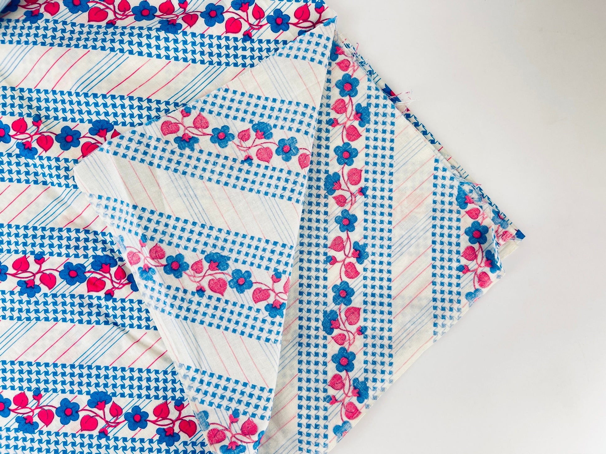 Product image for 'vintage 70s blue pink floral striped polyester fabric 45 x 104' (view e48789)