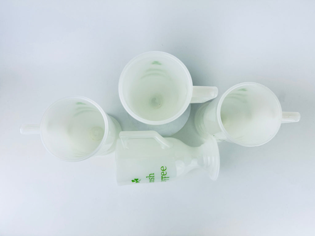 Product image for 'vintage milk glass irish coffee shamrock pedestal mugs set of four 4' (view aa5386)