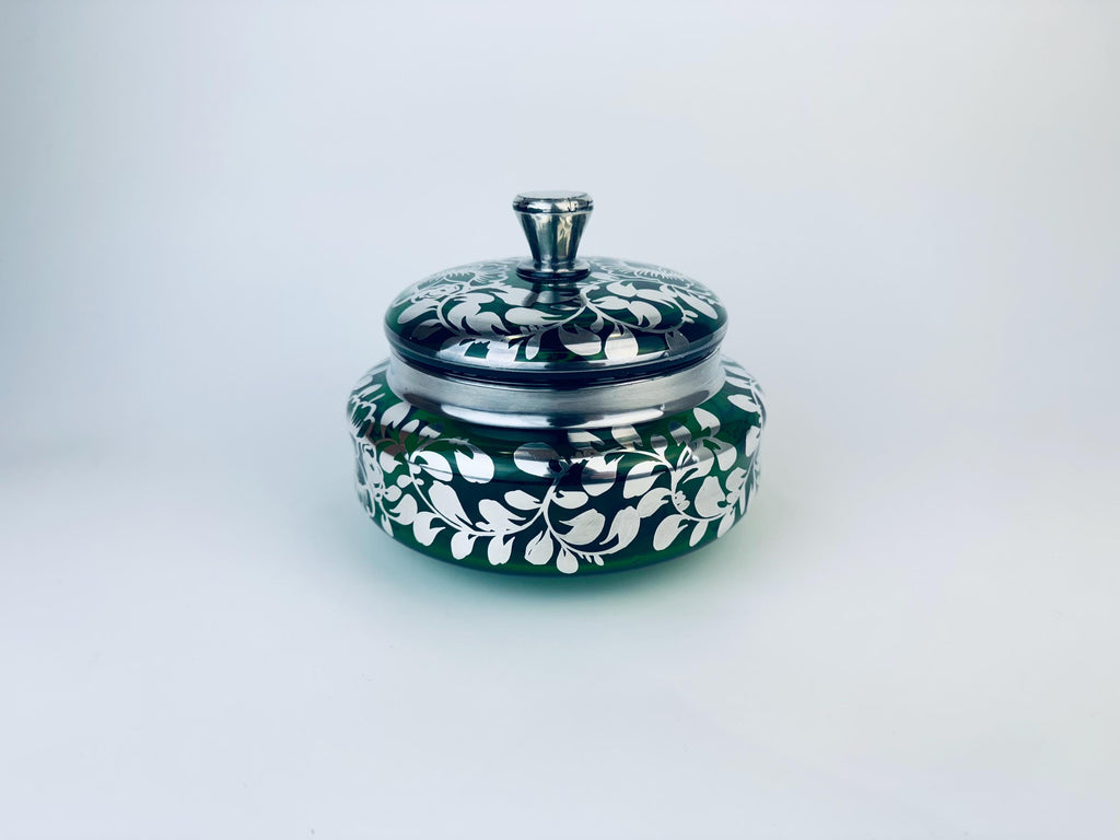 Product image for 'vintage dark forest green lidded glass vanity dresser jar silver floral leaf overlay pattern' (view 0b7744)