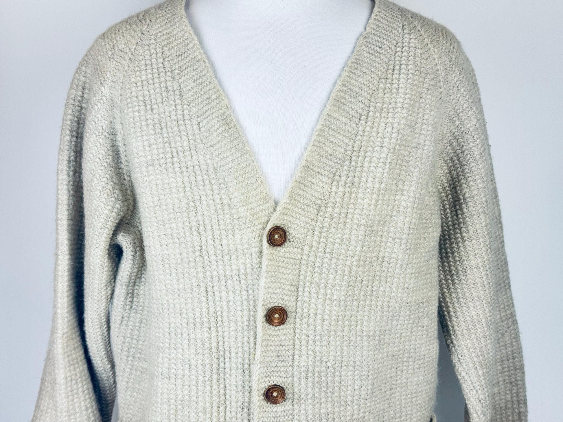 Product image for 'vintage beige waffle knit wool cardigan timeless texture wooden buttons' (view d0b7be)