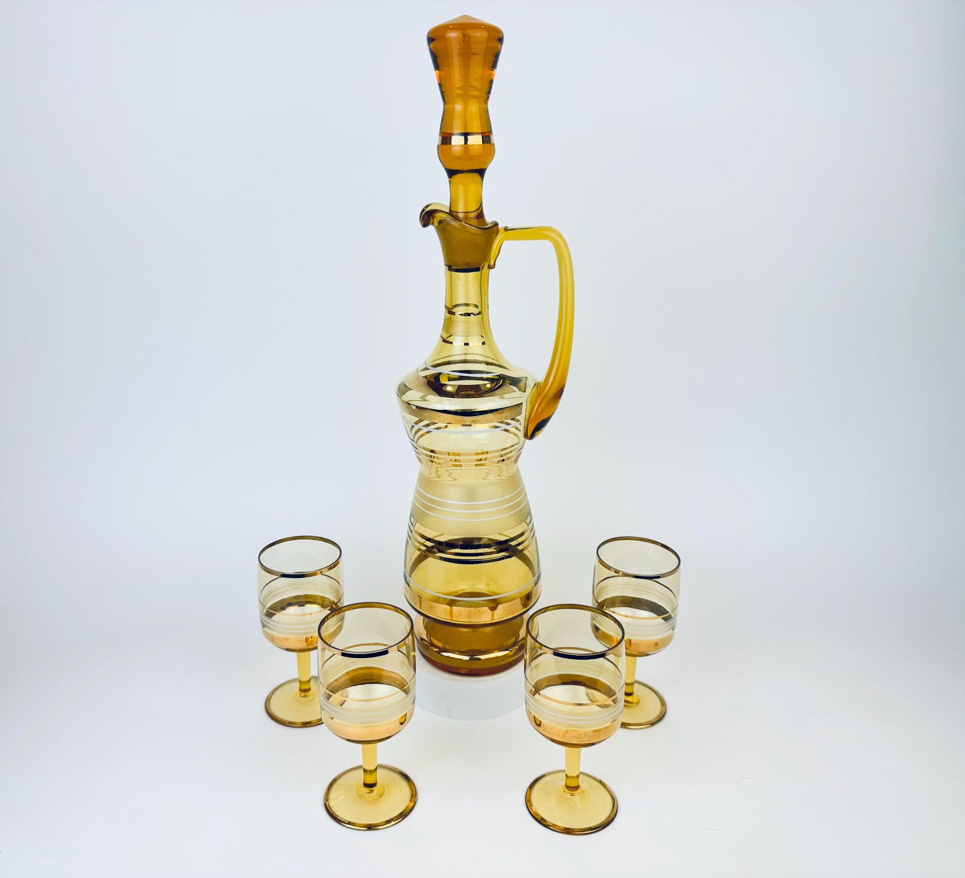 Product image for 'vintage amber gold striped glass barware set decanter stemmed glasses bohemia crystal made in czechoslovakia barware gift' (view 1fd431)
