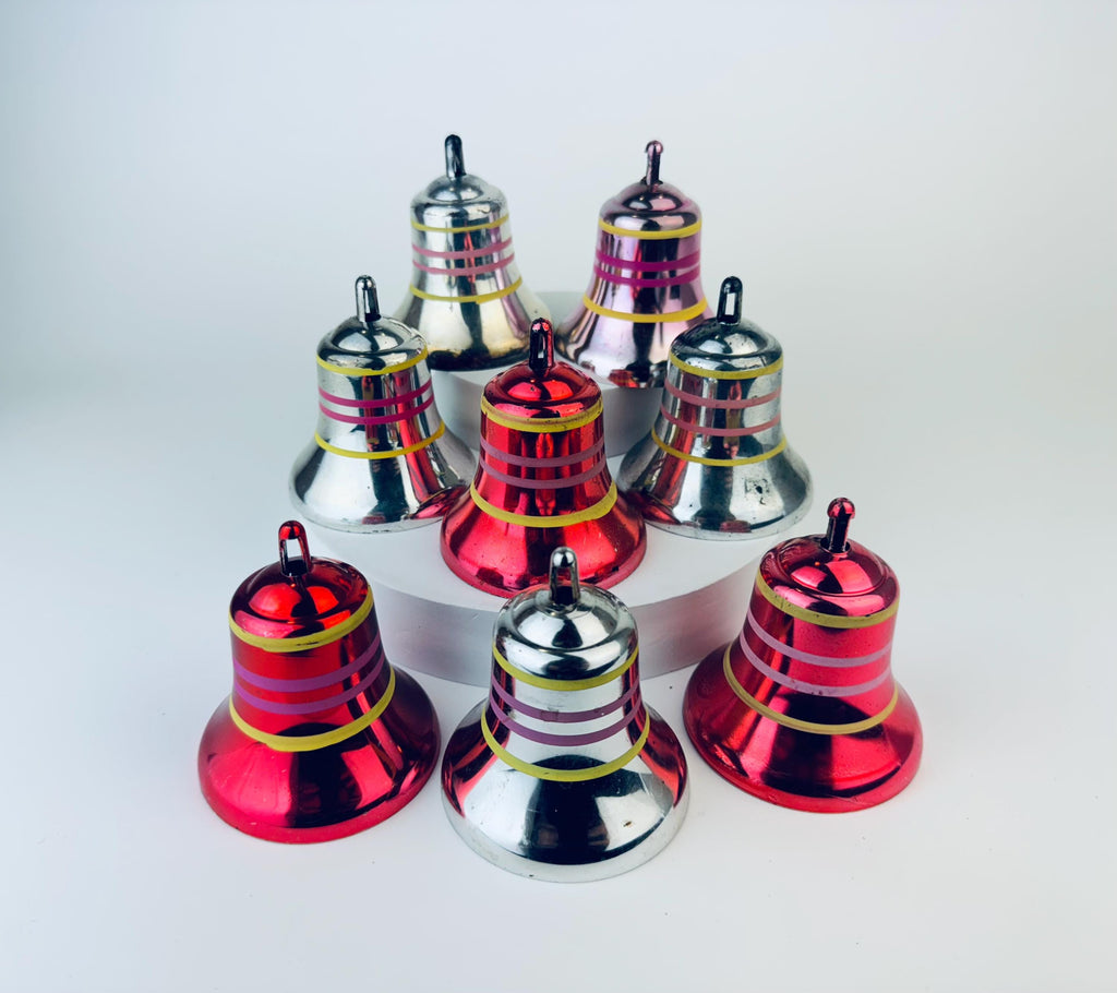 Product image for 'vintage pink silver striped plastic bell christmas tree ornaments set of eight 8' (view cea58b)