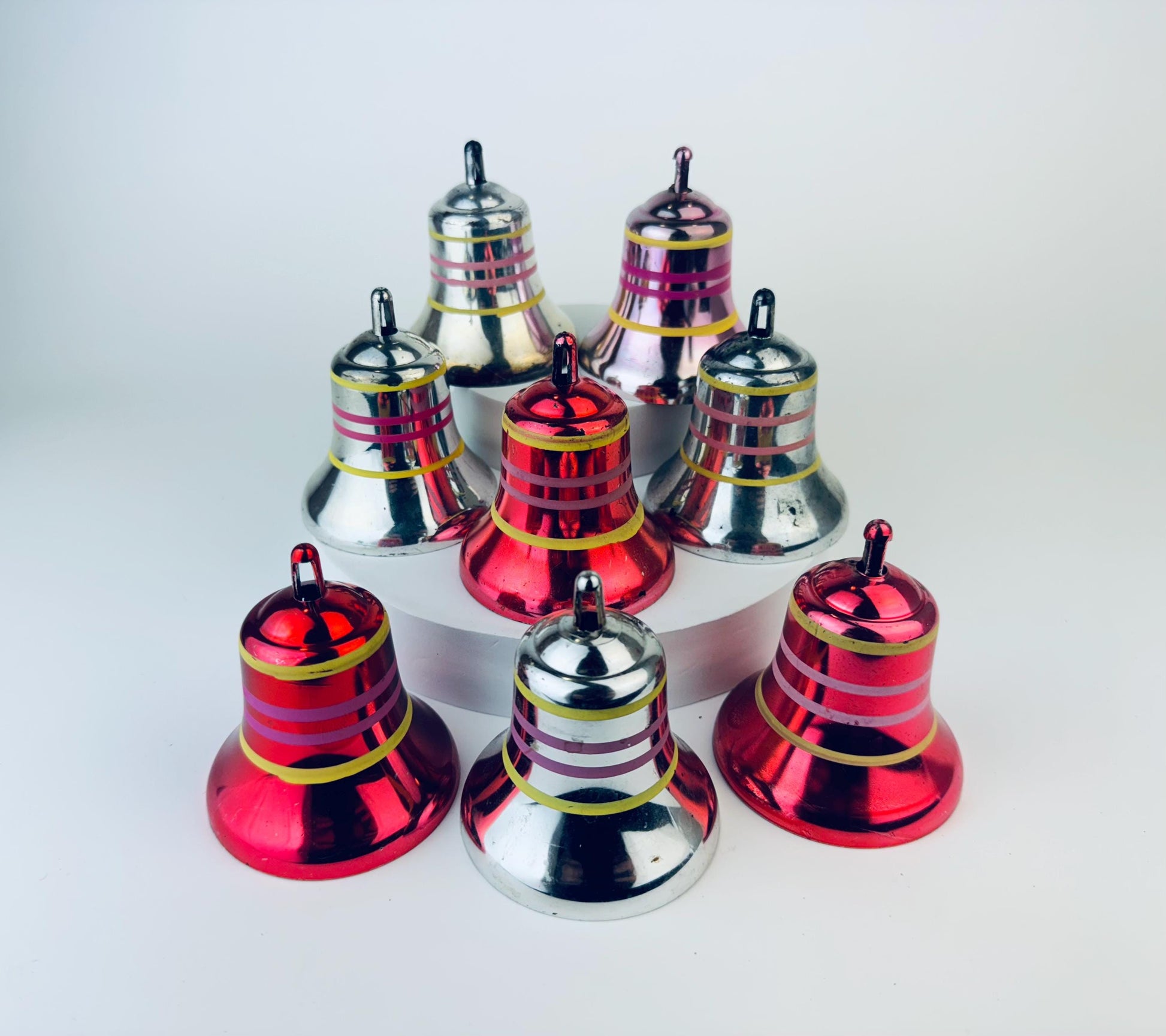 Product image for 'vintage pink silver striped plastic bell christmas tree ornaments set of eight 8' (view cea58b)