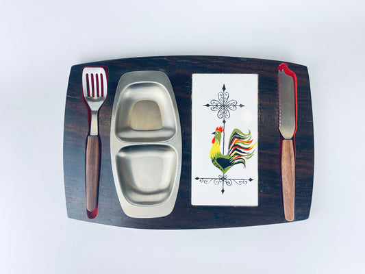 Product image for 'vintage mid century modern wood charcuterie appetizer board country rooster design made in japan' (view c7123a)