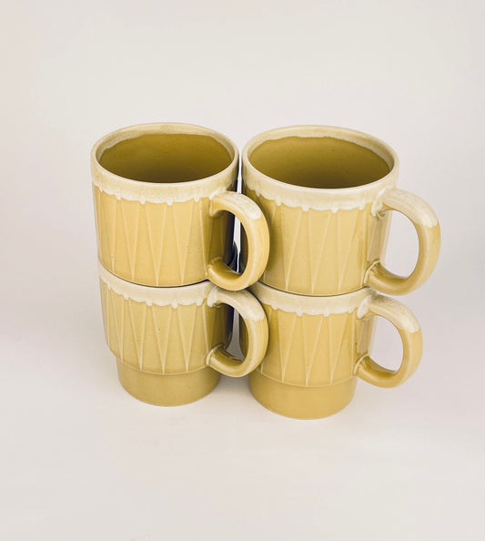 Product image for 'vintage green beige geometric drip glazed ceramic coffee tea mugs set of four 4 sets sold separately made in japan' (view 4ed319)