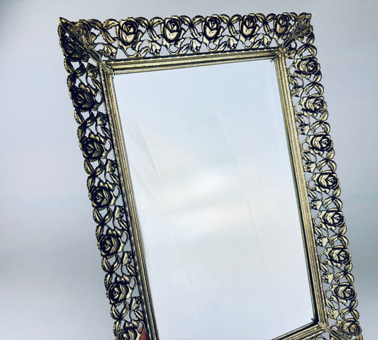 Product image for 'vintage ornate gold metal rose floral rectangular mirror tray perfume vanity organizer hollywood regency decor' (view 1204e9)