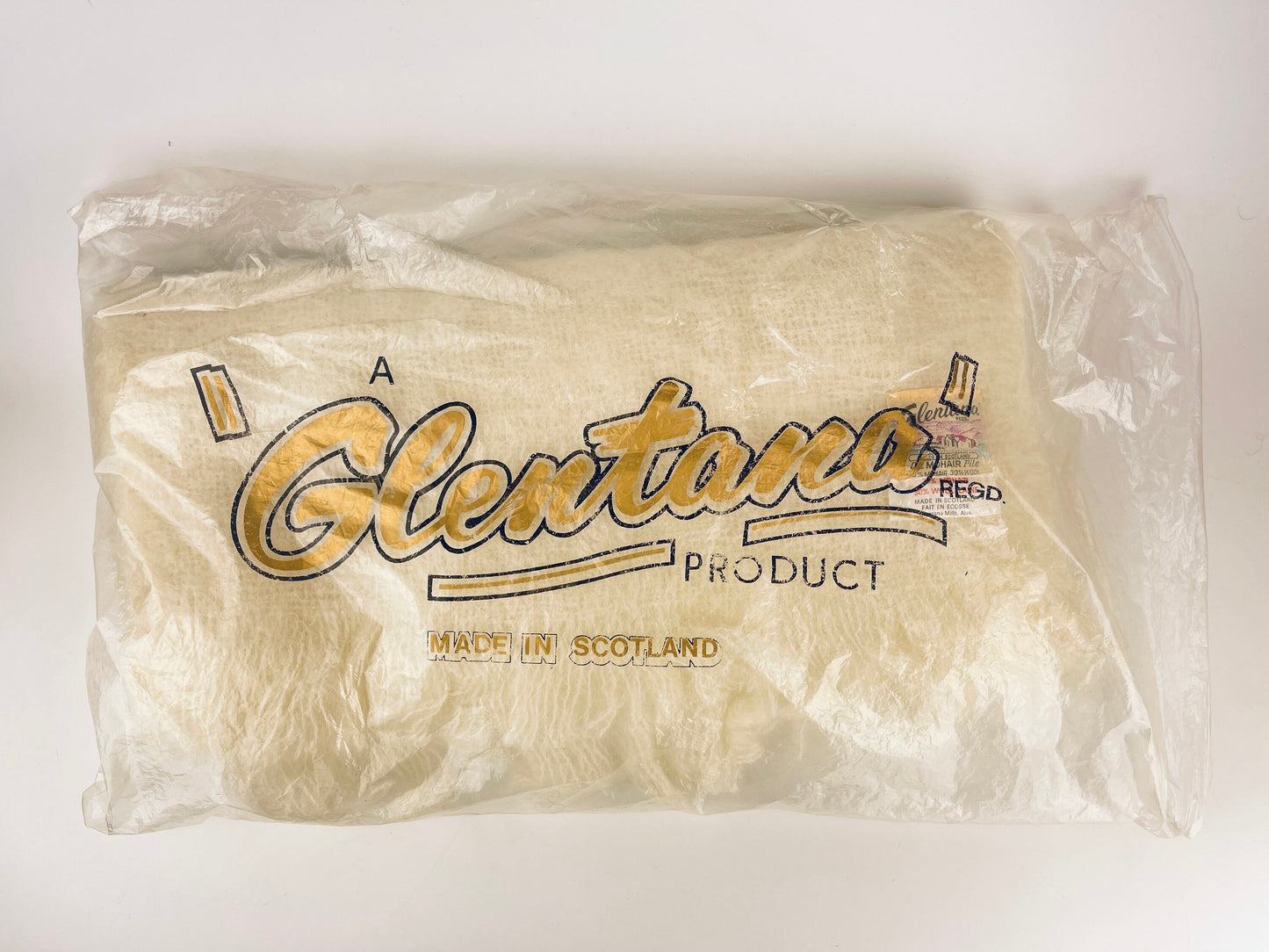 Product image for 'vintage glentana beige mohair wool plaid fringe scarf table runner made in scotland new old stock nos' (view 14b407)