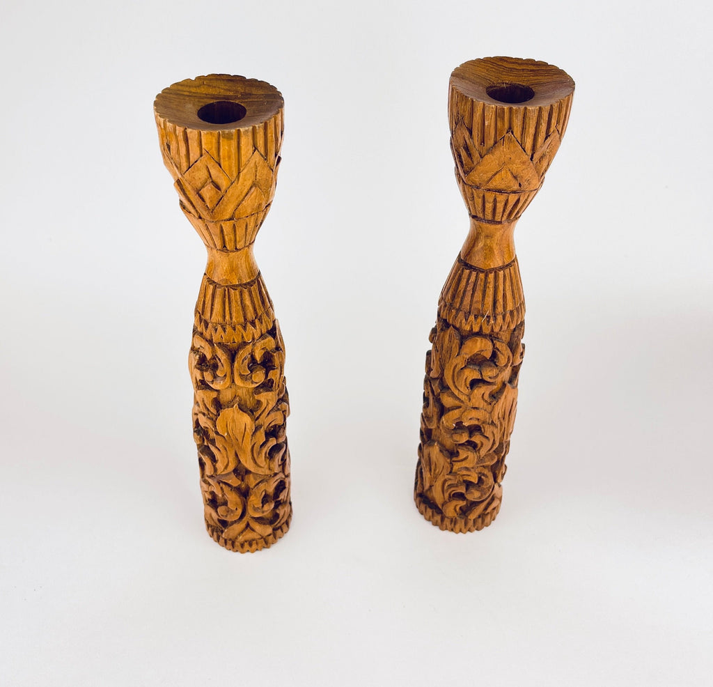 Product image for 'vintage 1970s hand carved wooden candlestick holders boho floral swirl pair' (view 14f455)
