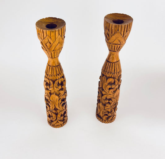 Product image for 'vintage 1970s hand carved wooden candlestick holders boho floral swirl pair' (view 14f455)