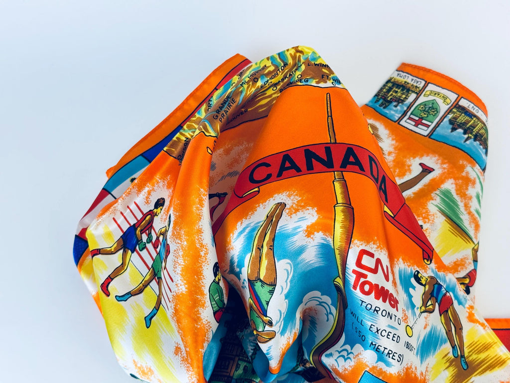 Product image for 'vintage beautiful le joli canada souvenir silk scarf table cloth canadian national exhibition toronto' (view 8cb10e)